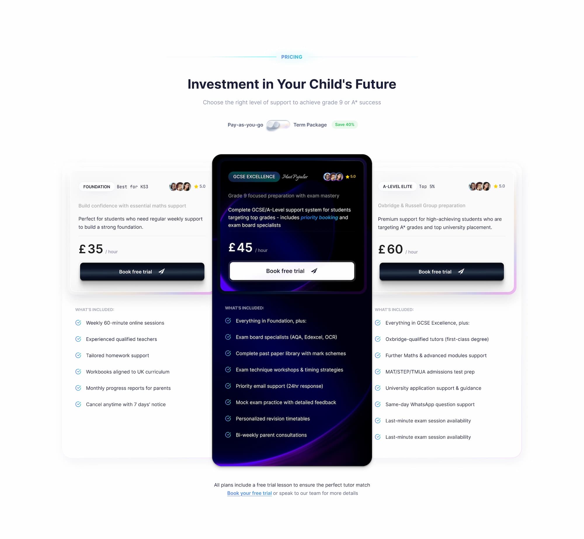Tutoring Pricing — design preview
